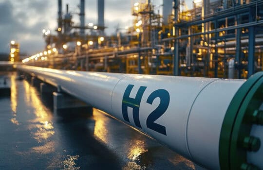 A realistic photograph of industrial facility featuring large pipeline labeled H2, surrounded by machinery and illuminated by ambient lighting, conveying sense of energy and innovation