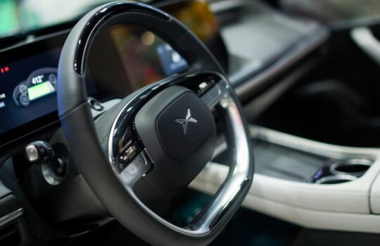 Bangkok, Thailand - 5th April 2024: XPeng P7i sports sedan 100%electric car interior view on display at the Motor Show 2024.