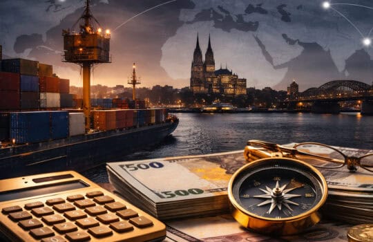 Außenhandelsfinanzierung bei Nacht: Frachtschiff mit Containern