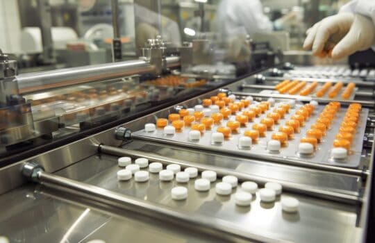 Produktionslinie mit Tabletten in der pharmazeutischen Herstellung.