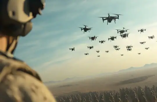 Drohnen im Formationsflug über einer militärischen Übungsszene.