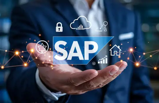 Business-Mann hält SAP Cloud Lösungen und digitale Transformation in der Hand.