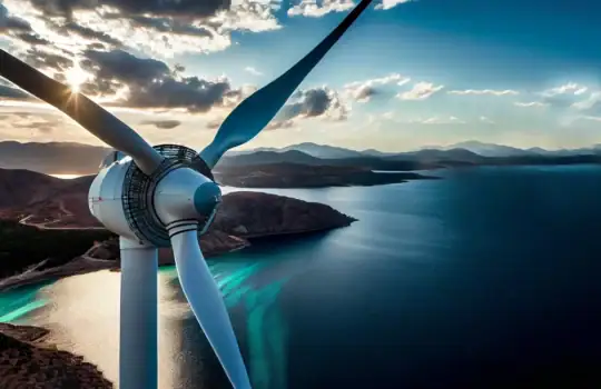 Windkraftanlage am See mit Blick auf Berge und Wasser bei Sonnenuntergang.