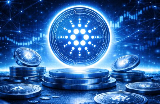 Digitale Illustration der Kryptowährung Cardano (ADA) mit leuchtendem Cardano-Logo über blauen Coins, im Hintergrund Blockchain-Netzwerk und steigendes Kursdiagramm.