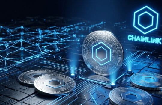 Futuristische Darstellung der Kryptowährung Chainlink (LINK) mit leuchtendem hexagonalen Logo über blauen Coins, vor einem Hintergrund aus Blockchain-Netzwerk und Trading-Chart.