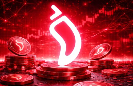 Futuristische Darstellung der Kryptowährung Chiliz (CHZ) mit leuchtendem Chili-Logo über gestapelten roten Coins, umgeben von digitalen Netzwerken und Kursdiagrammen.