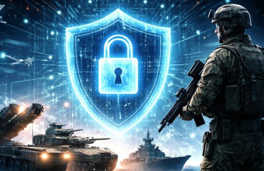 Digitale Illustration zur Verbindung von Cybersicherheit und militärischer Aufrüstung: Ein bewaffneter Soldat steht vor Panzern, Kriegsschiffen und Kampfjets, während in der Mitte ein leuchtendes Schutzschild mit Vorhängeschloss als Symbol für Cyberabwehr dargestellt ist.