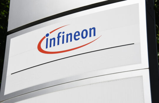 Hanover, Lower Saxony, Germany - May 21, 2020: Logo of Infineon in Hanover, Germany - Infineon technologies is a German semiconductor manufacturer