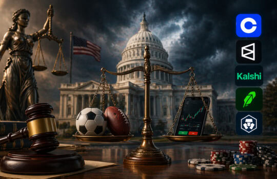 Bronze scales of justice with a gavel, balancing a soccer ball and football against a smartphone showing a stock chart, Capitol dome in the background.