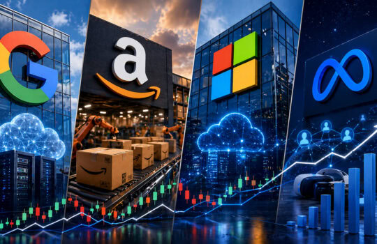 Collage of Google, Amazon, Microsoft, and Meta logos with cloud servers, a warehouse conveyor belt of boxes, and rising stock charts.