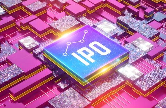 Bright 3D abstract illustration with a blue tile labeled IPO and a rising line graph, set among pink geometric blocks and sparkles.