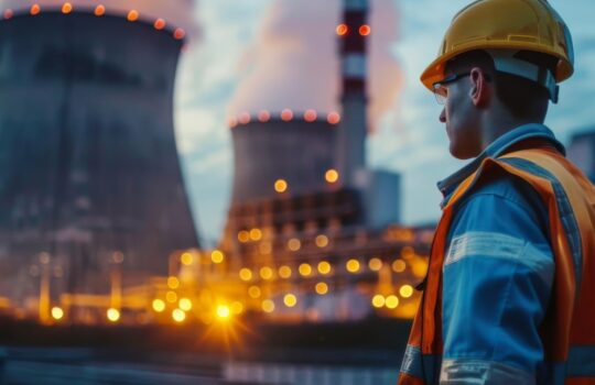 Worker in hard hat and orange safety vest at an industrial site with cooling towers in the background at dusk.