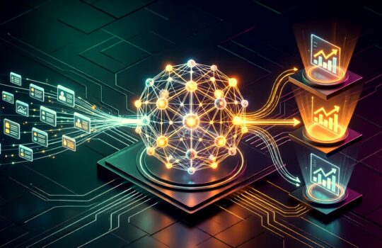 Futuristic neural network with glowing interconnected nodes feeding data to three rising analytics dashboards on a platform.