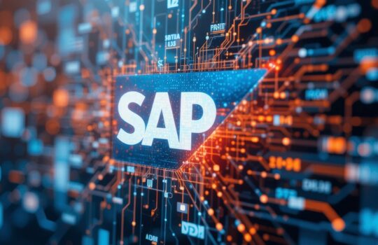 SAP logo displayed on a blue circuit-board backdrop, signaling enterprise software and tech infrastructure.