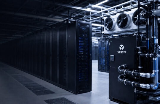 Data center with rows of black server racks and blue LEDs, plus large cooling units and piping, branded Vertiv on a cabinet.