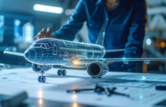 An airplane design and engineering concept. A skilled technician works on a detailed model of an airplane, visualizing its structure and mechanics with intricate details.
