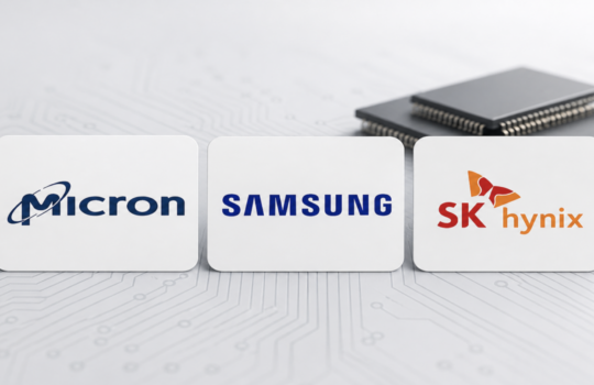 Logos of Micron, Samsung, and SK hynix displayed on rounded white panels over a circuit-board background.