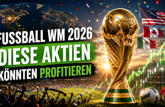 Golden World Cup trophy with flags and a rising stock chart beside a stadium, under a German headline about 2026 World Cup stocks likely to profit