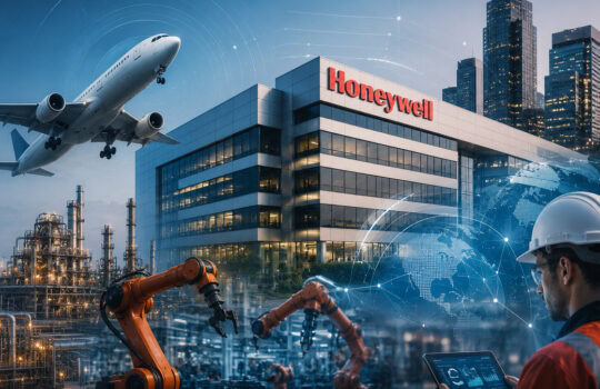 Hochmodernes Industrie- und Technologieunternehmen in urbaner Umgebung, mit Flugzeug und Roboterarme.