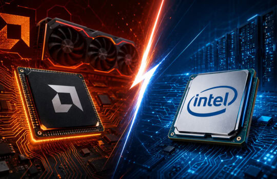 Two CPUs on separate circuit boards split by a bright energy bolt: orange glow on the left, a blue glow with an Intel logo on the right.
