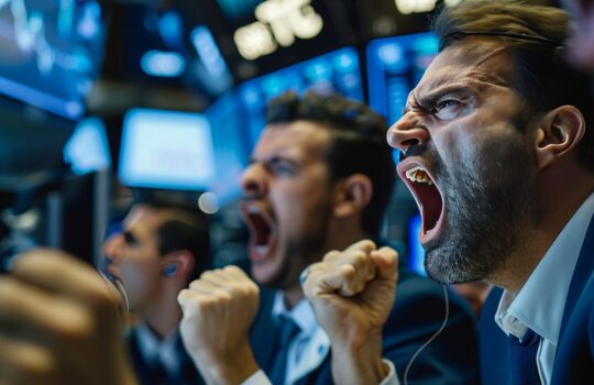 Group of stock traders in a blue-lit trading room shouting with clenched fists at screens.