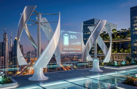 Futuristic rooftop with curved white sculptures and a holographic display reading 92% and 520 kW, city skyline in the distance.