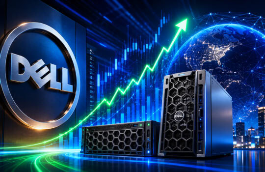 Dell logo on a server rack with a green upward-trending line chart and a connected globe in the background, signaling global data growth.