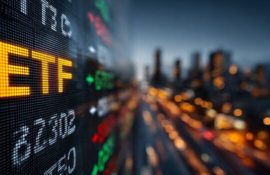 Close-up of an orange stock ticker display with a blurred city skyline behind (informative finance image) — suitable for finance contexts