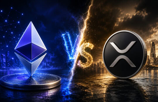 Blue Ethereum coin on a blue network backdrop facing an orange Ripple (XRP) coin with a glowing 'VS' between them over a city skyline.