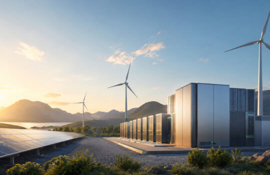 Solar panels and wind turbines beside a modern energy facility at sunset with mountains in the distance.