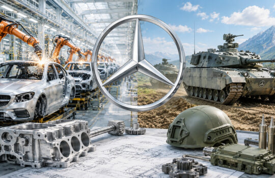 Composite image contrasting automotive manufacturing with military hardware, centered on a large Mercedes-Benz logo.