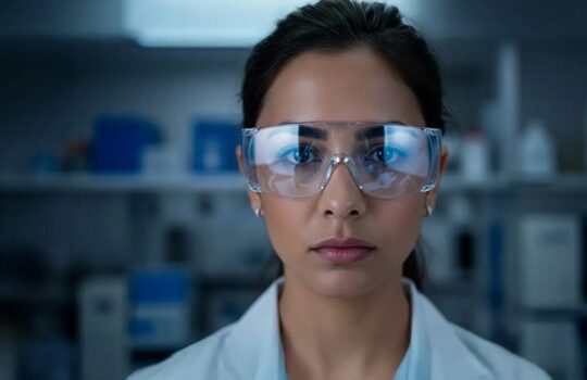 Female scientist wearing safety goggles and a white lab coat in a laboratory setting.