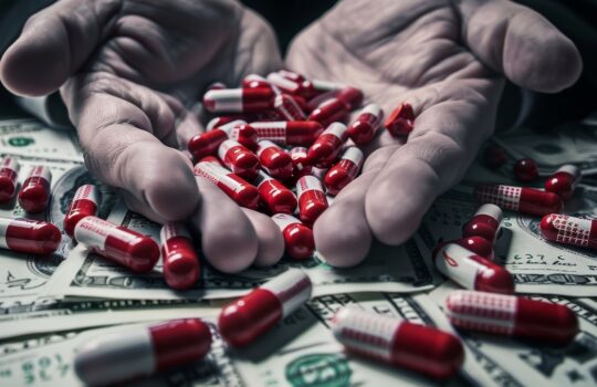 Hands cupping red and white capsules scattered over dollar bills, suggesting drug dealing or cash from drugs