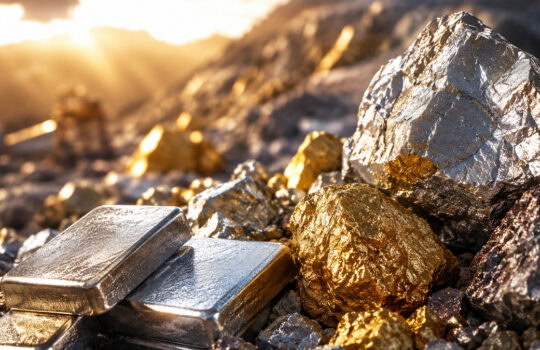 Pile of silver and gold bars on rocky ground at a mining site, bathed in warm sunlight.