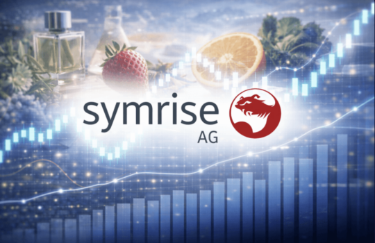 Symrise AG logo with red dragon emblem, fruit imagery (strawberry and orange) and a stock-chart background.