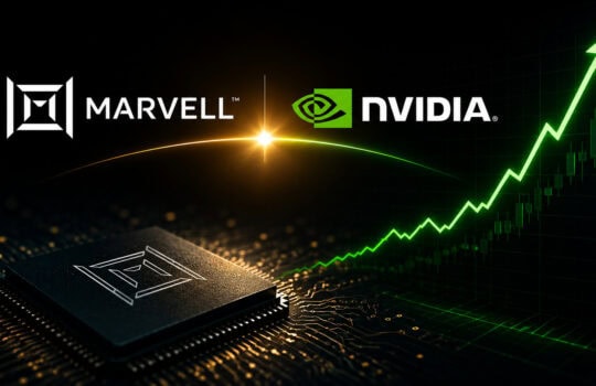Marvell and Nvidia logos above a close-up of a semiconductor chip on a circuit board with a glowing green upward-trending line in the background.