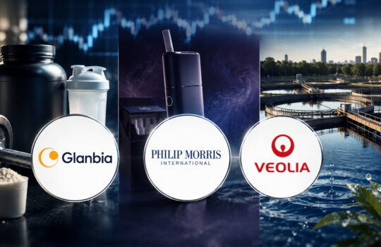 Three circular logos—Glanbia, Philip Morris International, and Veolia—placed on a collage background with gym gear, a vape device, and a wastewater plant behind them.