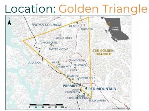 Map showing the Golden Triangle region with bold yellow boundary and labeled places like Premier, Red Mountain, Copper Canyon, and surrounding terrain.