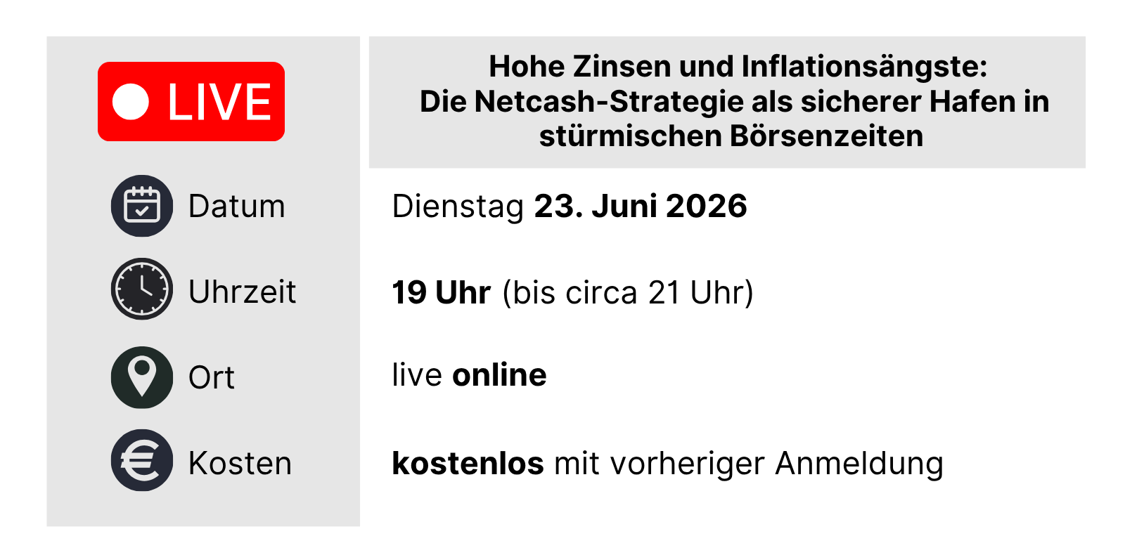 NBC Masterclass 0326 Veranstaltungsinfo: Thema 'Hohe Zinsen und Inflationsängste...'; Datum Dienstag, 23. Juni 2026, 19 Uhr bis ca. 21 Uhr, live online, kostenlos mit Anmeldung.