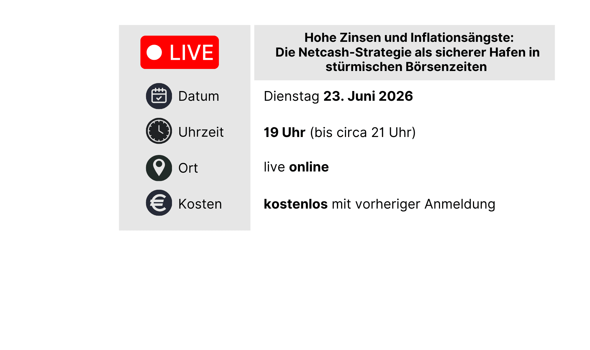 NBC Masterclass 0326 Veranstaltungsinfo: Thema 'Hohe Zinsen und Inflationsängste...'; Datum Dienstag, 23. Juni 2026, 19 Uhr bis ca. 21 Uhr, live online, kostenlos mit Anmeldung.