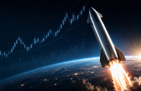 Rocket launching from Earth's surface with a rising stock chart in the background, symbolizing growth and innovation in tech markets.