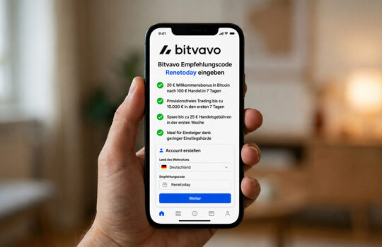 Hand holding a smartphone showing the Bitvavo app screen with German signup details and green checkmarks.