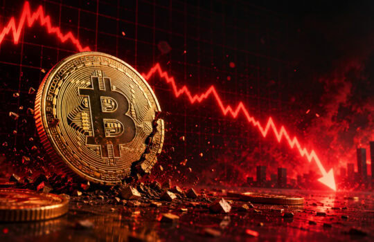 Bitcoin coin leaning on a shattered surface with a red downward stock chart in the background, signaling a market drop.