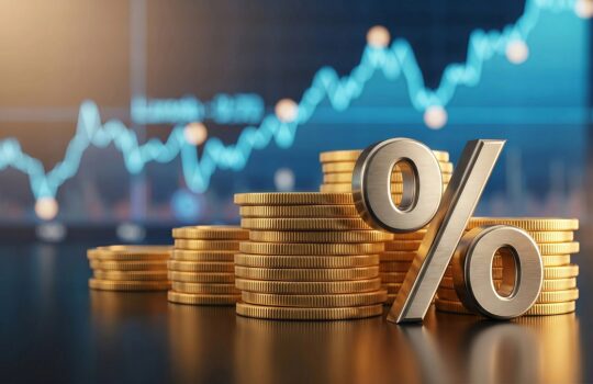 Stacks of gold coins with a large percent symbol in the foreground and a rising stock market chart in the background