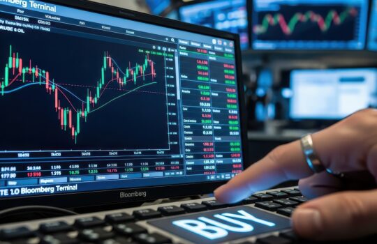 Close-up of a Bloomberg Terminal screen showing a candlestick stock chart and a watchlist, with a hand on the keyboard.