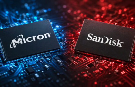 Two memory chips labeled Micron and SanDisk on a blue-red circuit board with glowing circuitry.