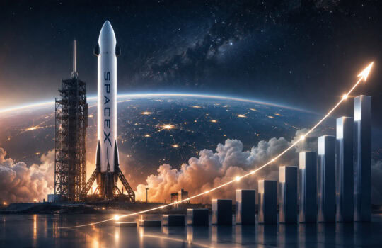 SpaceX rocket on a launch pad with Earth below and a glowing, rising bar chart to the right suggesting growth in space industry.