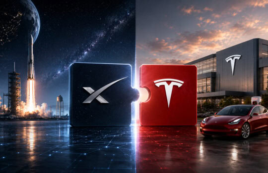 Two puzzle tiles with SpaceX and Tesla logos connect; rocket launch on the left, Tesla campus and car on the right, symbolizing a partnership.