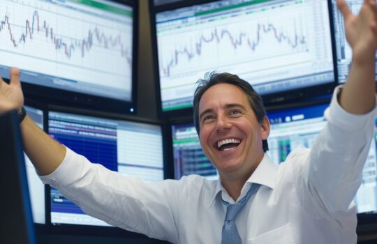 Trader in a white shirt and tie raises arms in celebration in front of multiple monitors displaying stock charts.