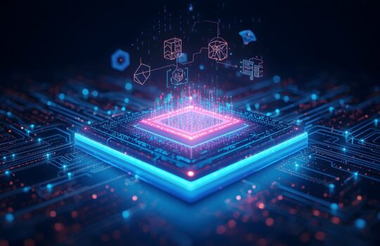 Futuristic microprocessor on a glowing circuit board with floating holographic data icons in the air.